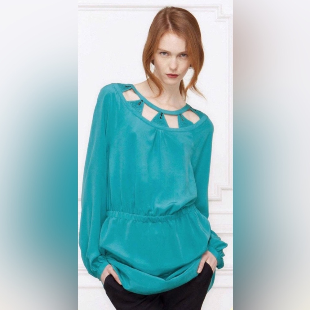 Anthropologie Leifsdottir Isosceles Teal Silk Drop Waist Tunic Mini Dress EUC 6